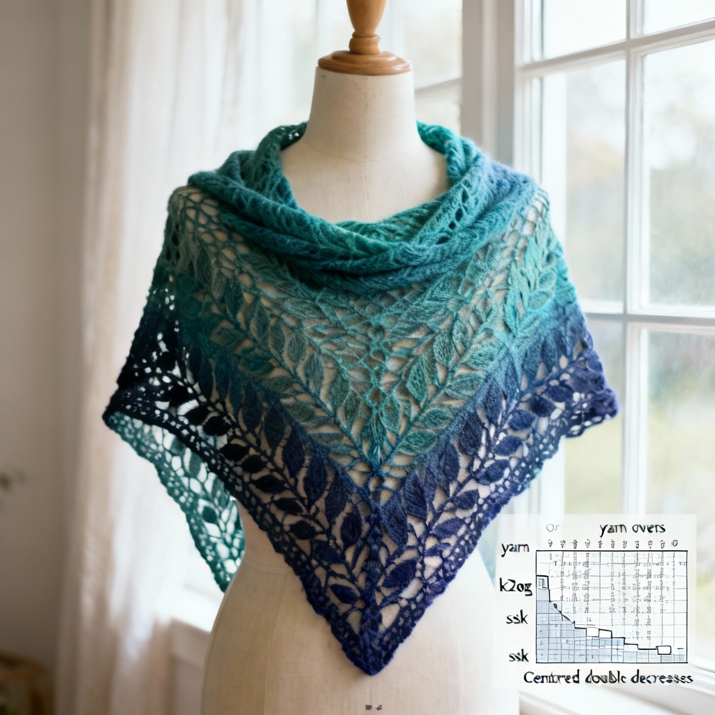 AI lace shawl with leaf motifs and chart legend