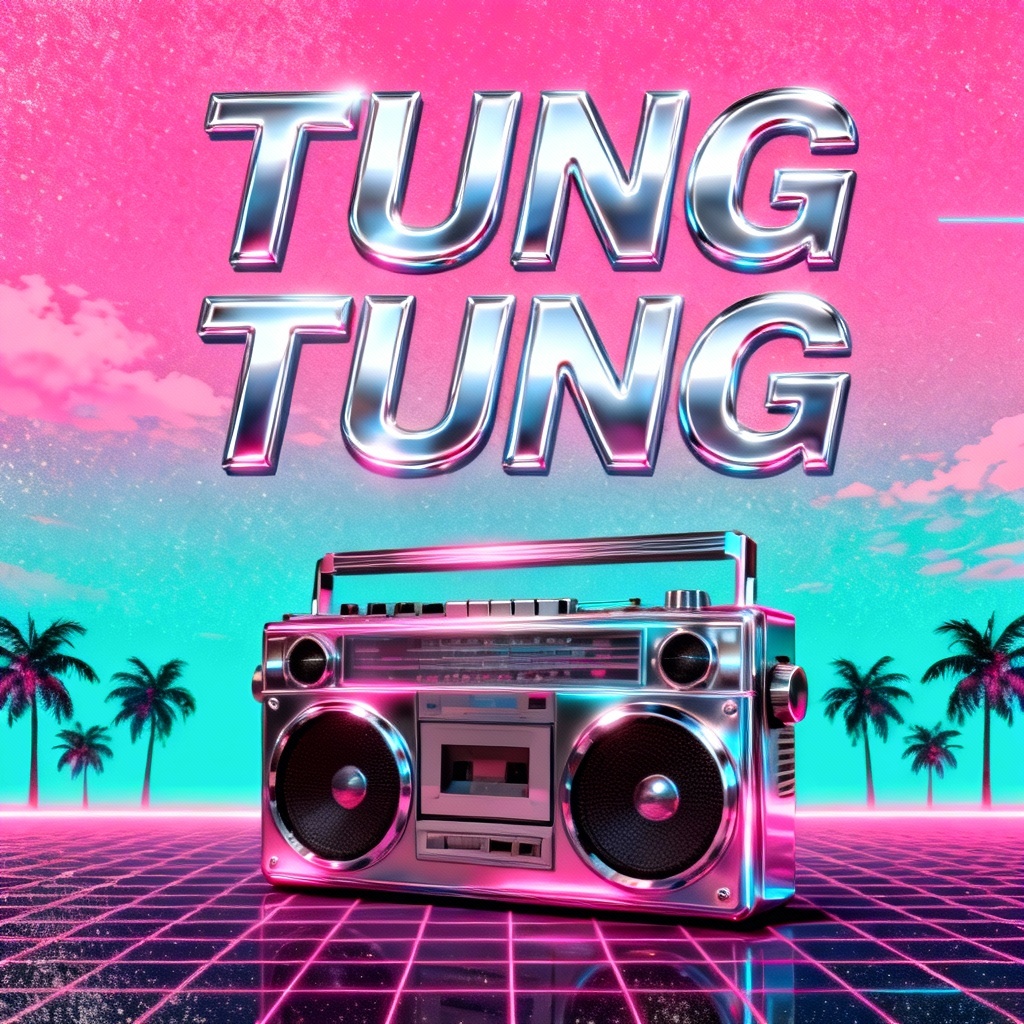 AI Tung Tung retro vaporwave boombox art