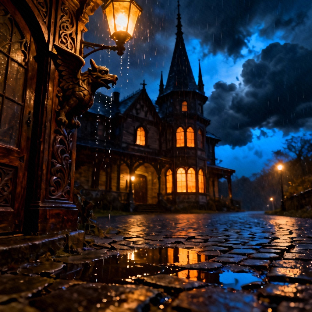 AI Victorian manor night rain exterior