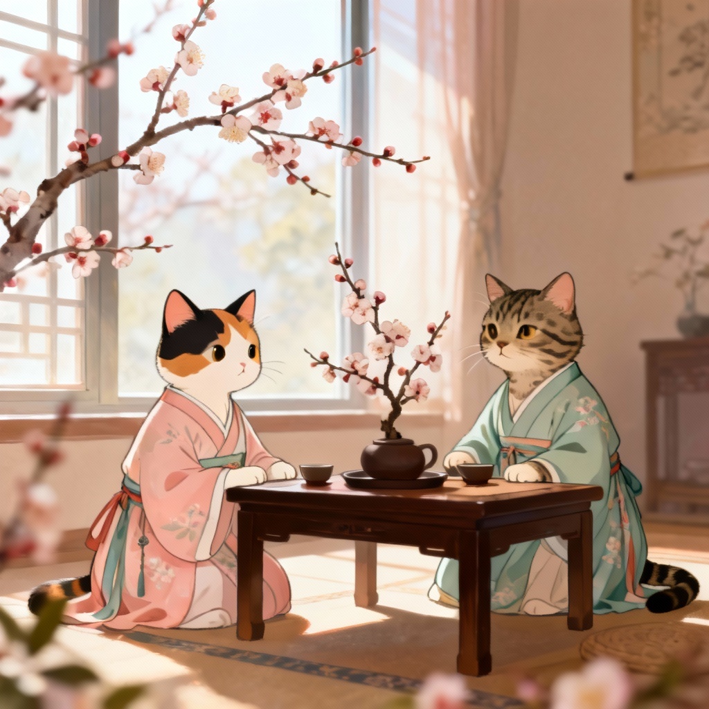 AI cats in matching hanfu at a tea table