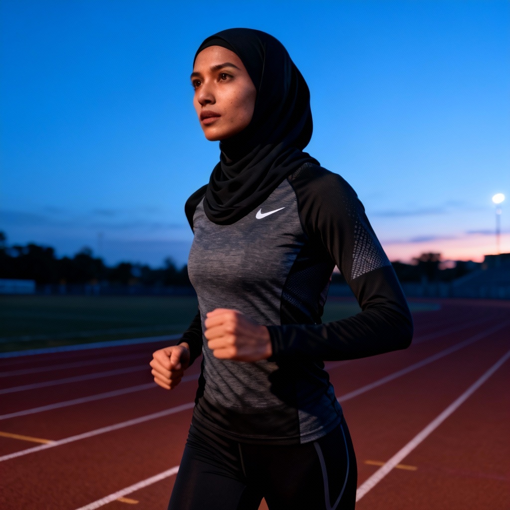 AI modern hijab athlete portrait on track at dawn