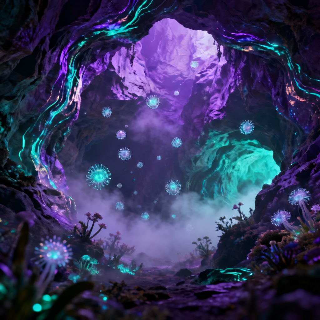 AI sci fi alien cavern with bioluminescent flora and fog
