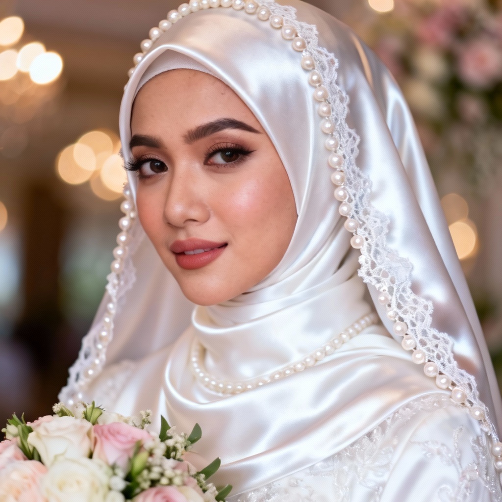AI bridal hijab with pearls and lace in soft light