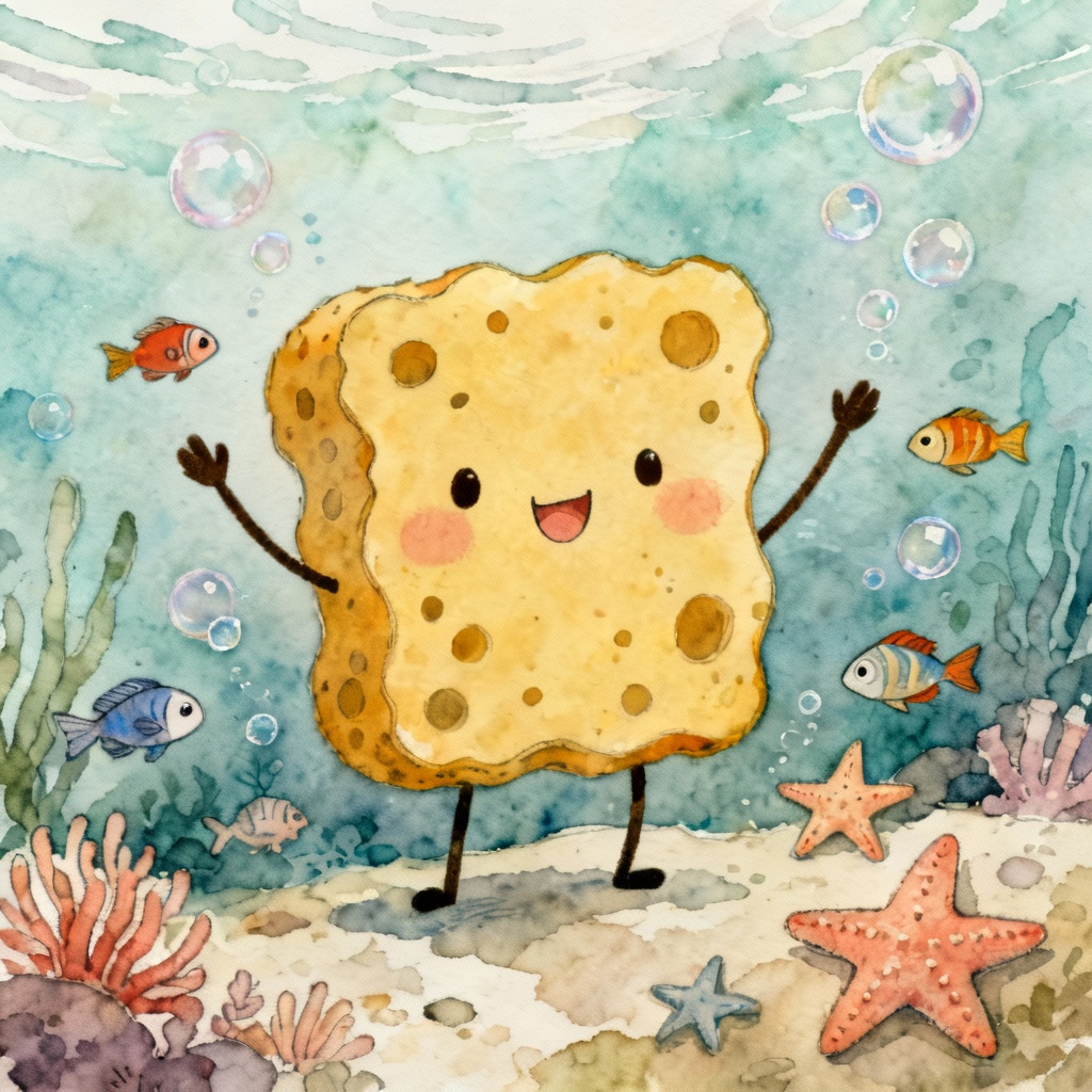 AI SpongeBob-style watercolor friends illustration