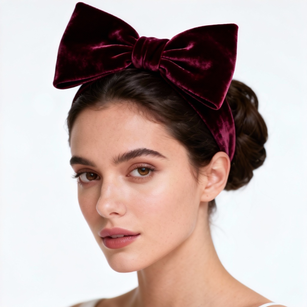 Photorealistic velvet crimson large bow on model in studio light