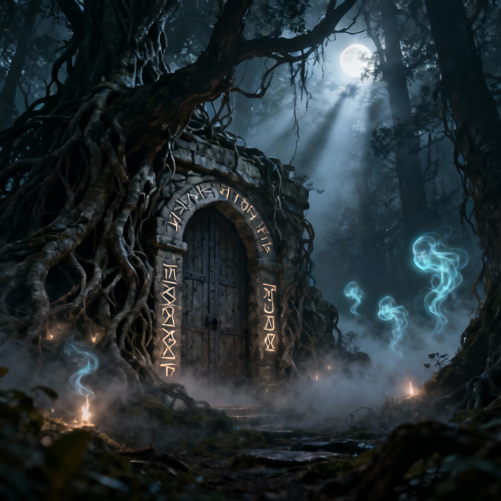 AI cursed forest gate with runes and misty moonlight
