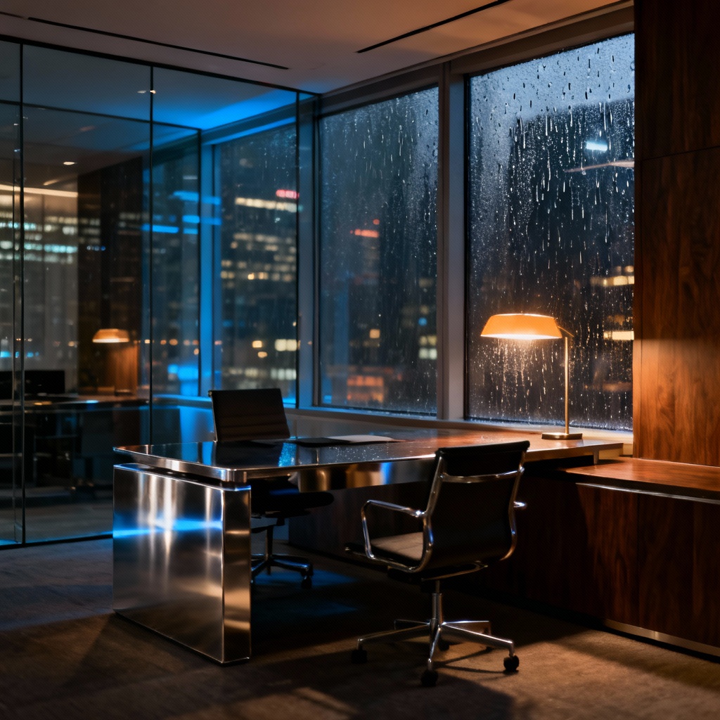AI Glass Office Night Scene in Corpcore Aesthetic