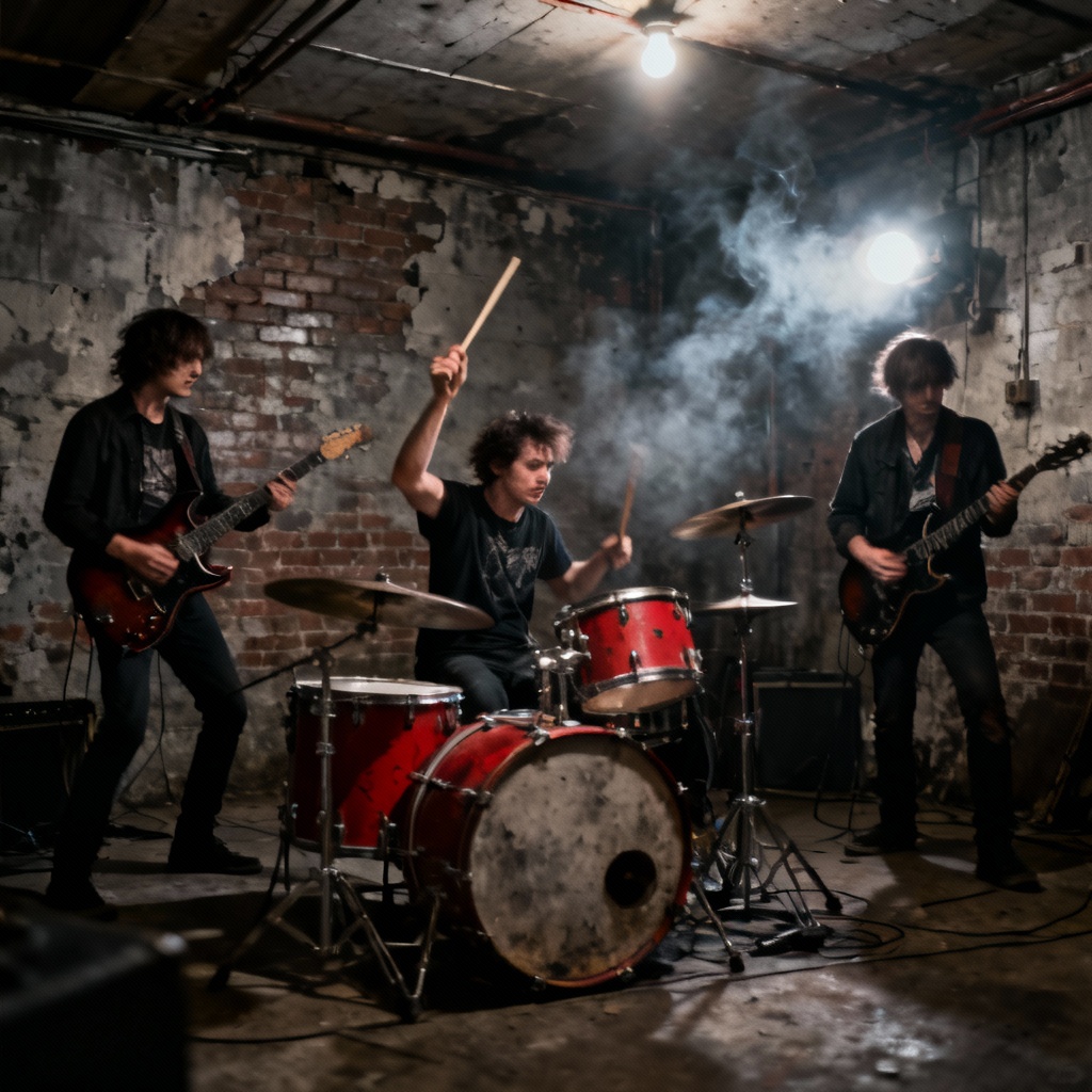 AI grunge band in basement show