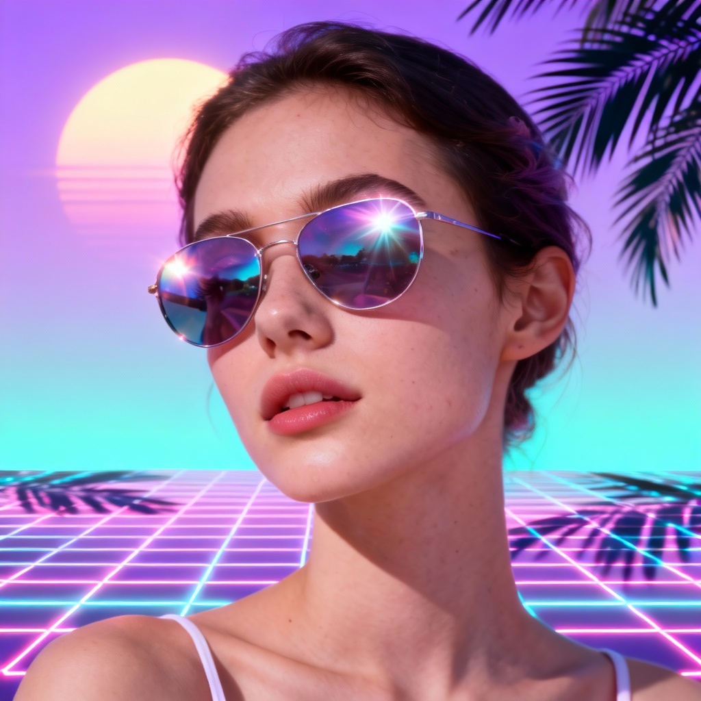 AI vaporwave portrait themed photoshoot with neon grid