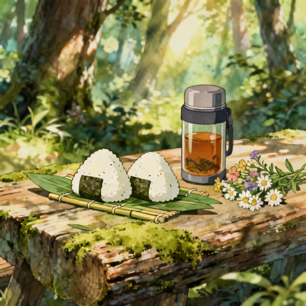 AI ghibli onigiri picnic in a forest clearing