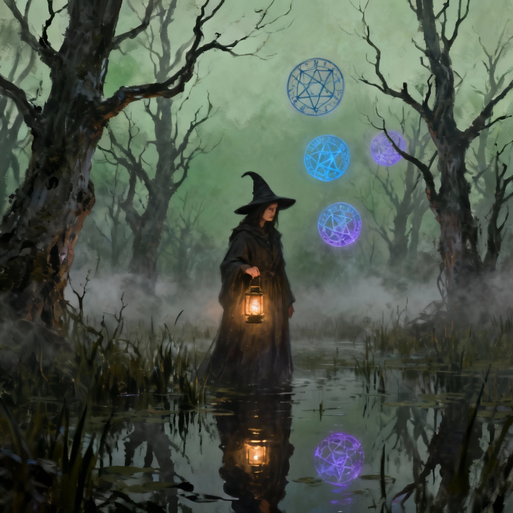 AI witch in a misty marsh holding a lantern with arcane sigils