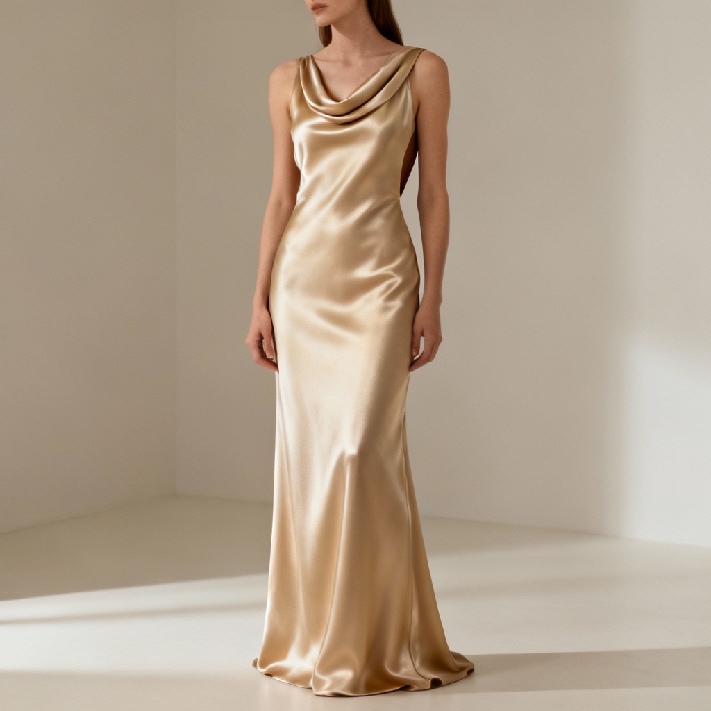 AI satin slip evening gown with cowl neckline