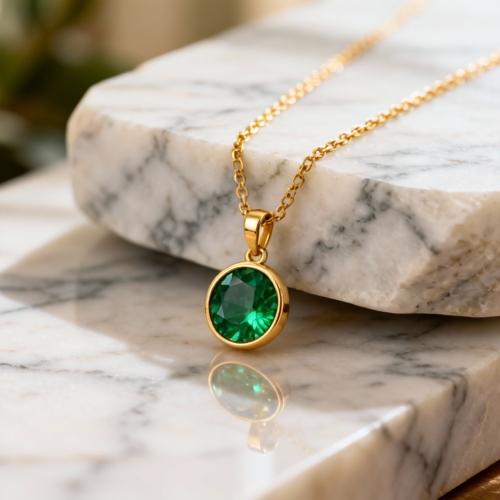 AI-designed gold pendant necklace with emerald on marble mockup
