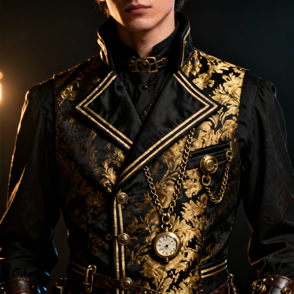 AI steampunk brocade waistcoat with chain and piping