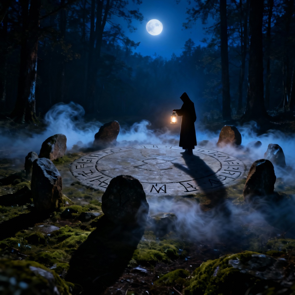 AI moonlit forest ritual stone circle