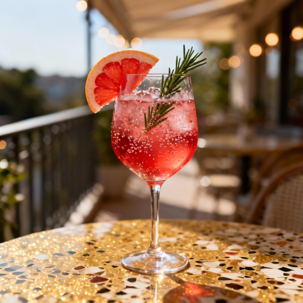 AI image of grapefruit spritz with rosemary and effervescent bubbles