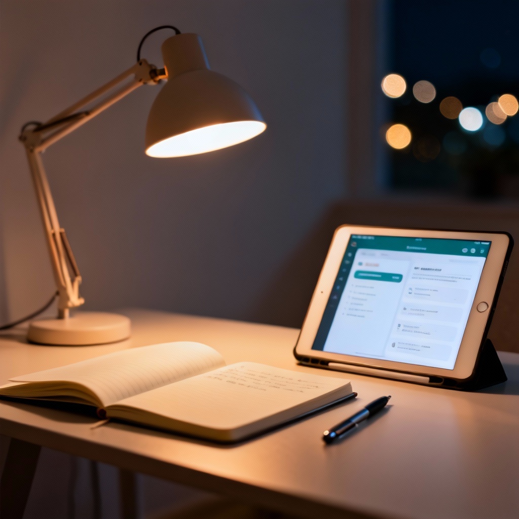AI daily routine image of a quiet night study desk