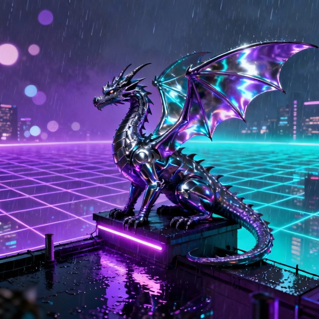 Cyberpunk neon wyvern on a rooftop with city lights