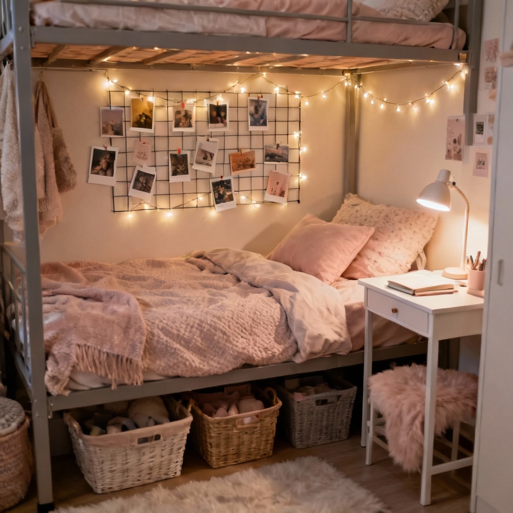 AI cozy dorm room for girls with soft bedding, wall grid, and fairy lights