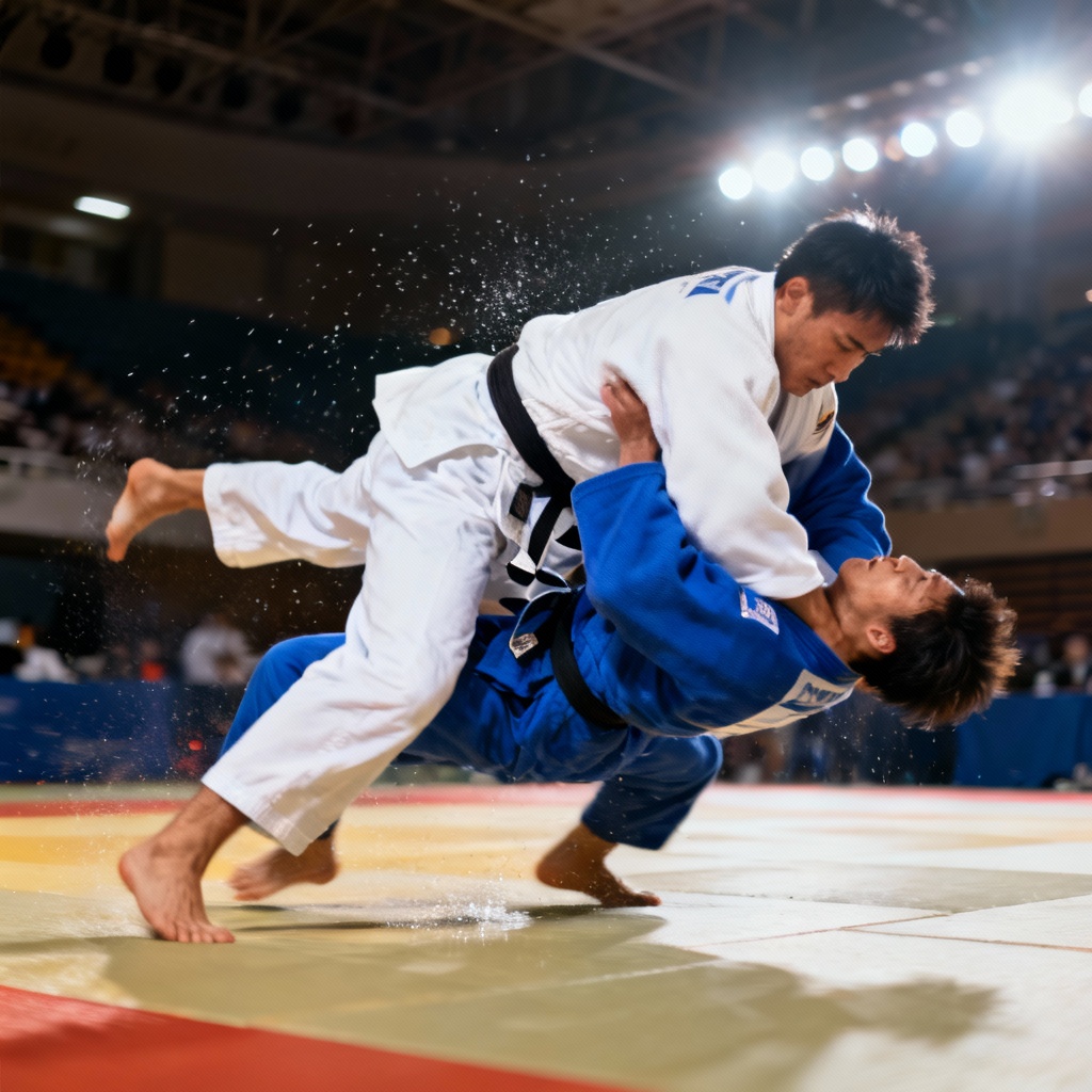 AI judo seoi nage throw on tatami with motion blur
