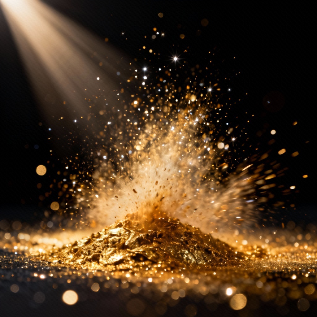 AI generated macro 24k gold dust splash on black background