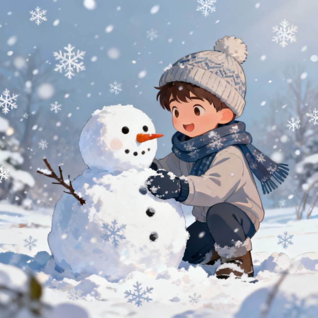 Semi-realistic little boy building a snowman in gentle snowfall