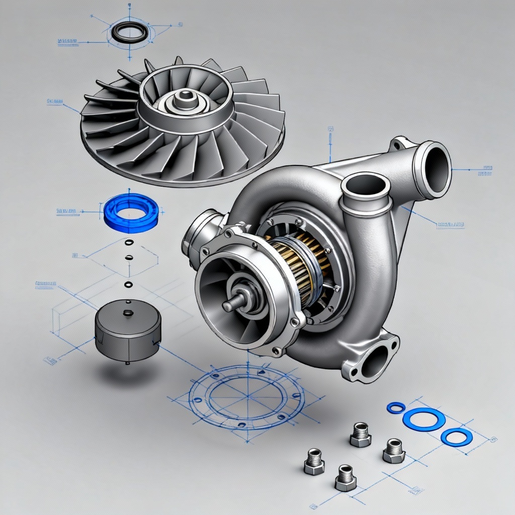 AI exploded view diagram of a turbocharger