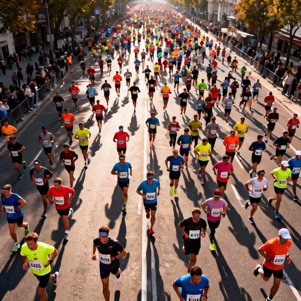 Aerial marathon crowd with dense runners