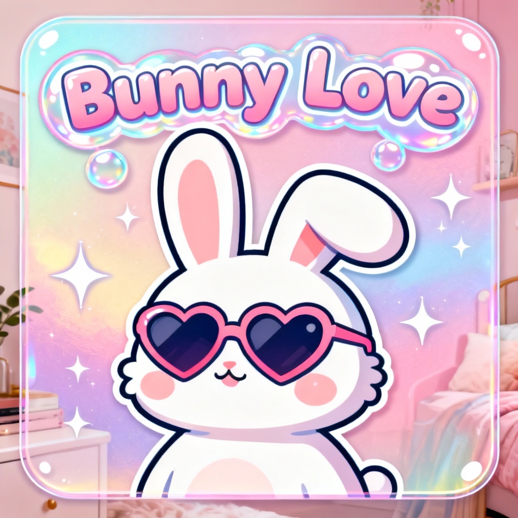 AI kawaii bunny collage poster with stickers and playful fonts