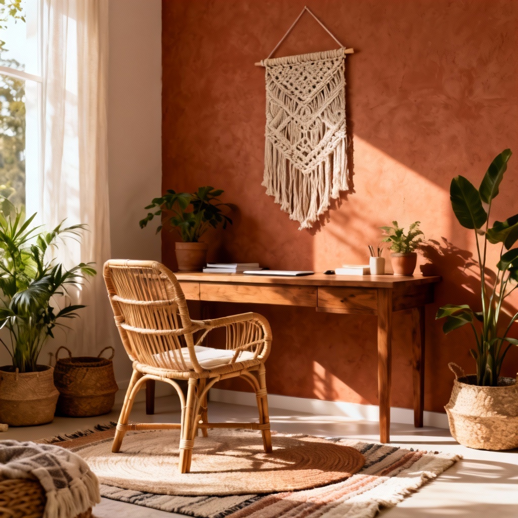 AI boho chic home office with rattan chair and plants