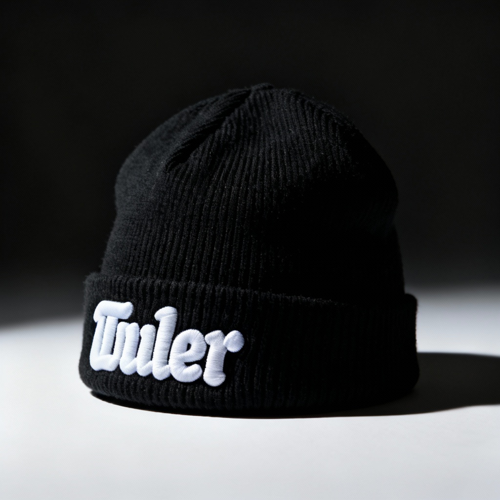 AI streetwear black cuffed beanie with puff embroidery