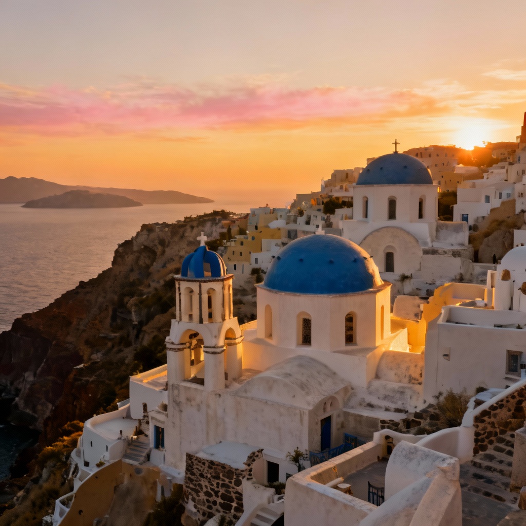 AI-generated Santorini sunset with blue-domed churches in Oia