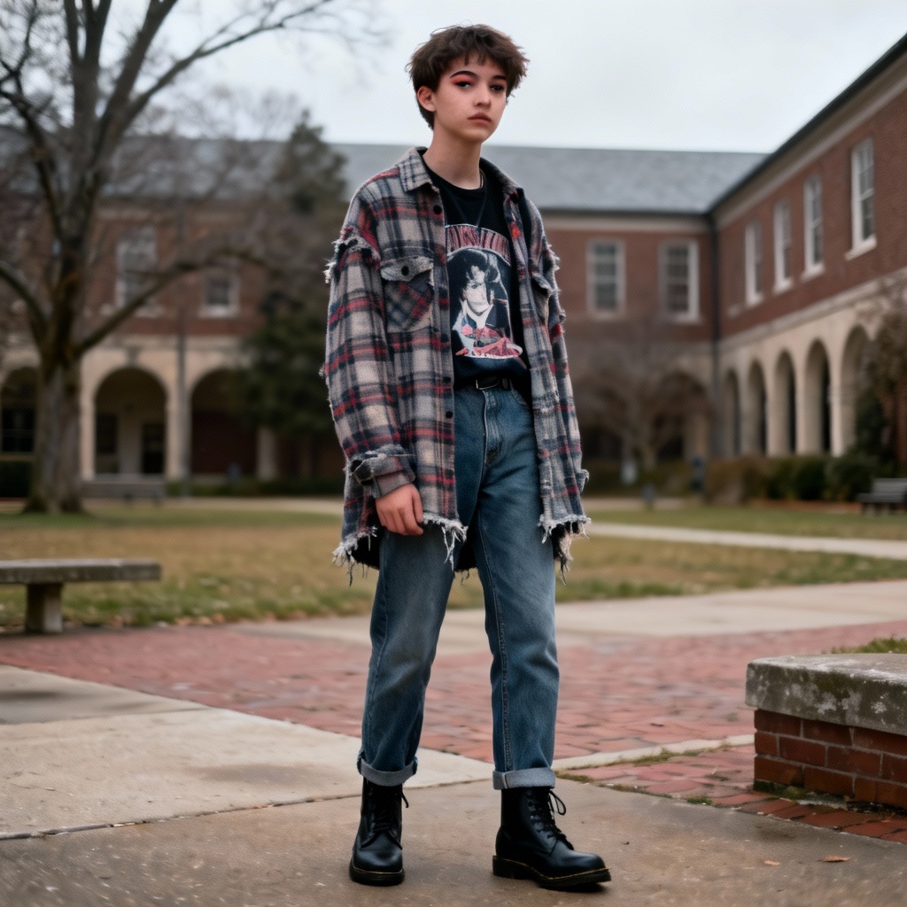 AI soft grunge campus outfit with plaid and denim layers