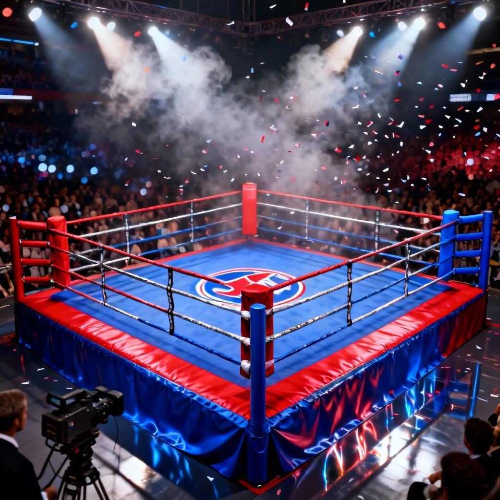 Photorealistic pro boxing ring with red and blue corners under stadium lights