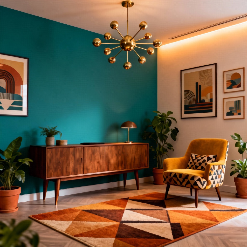 AI mid century modern lounge with walnut furniture and retro accents