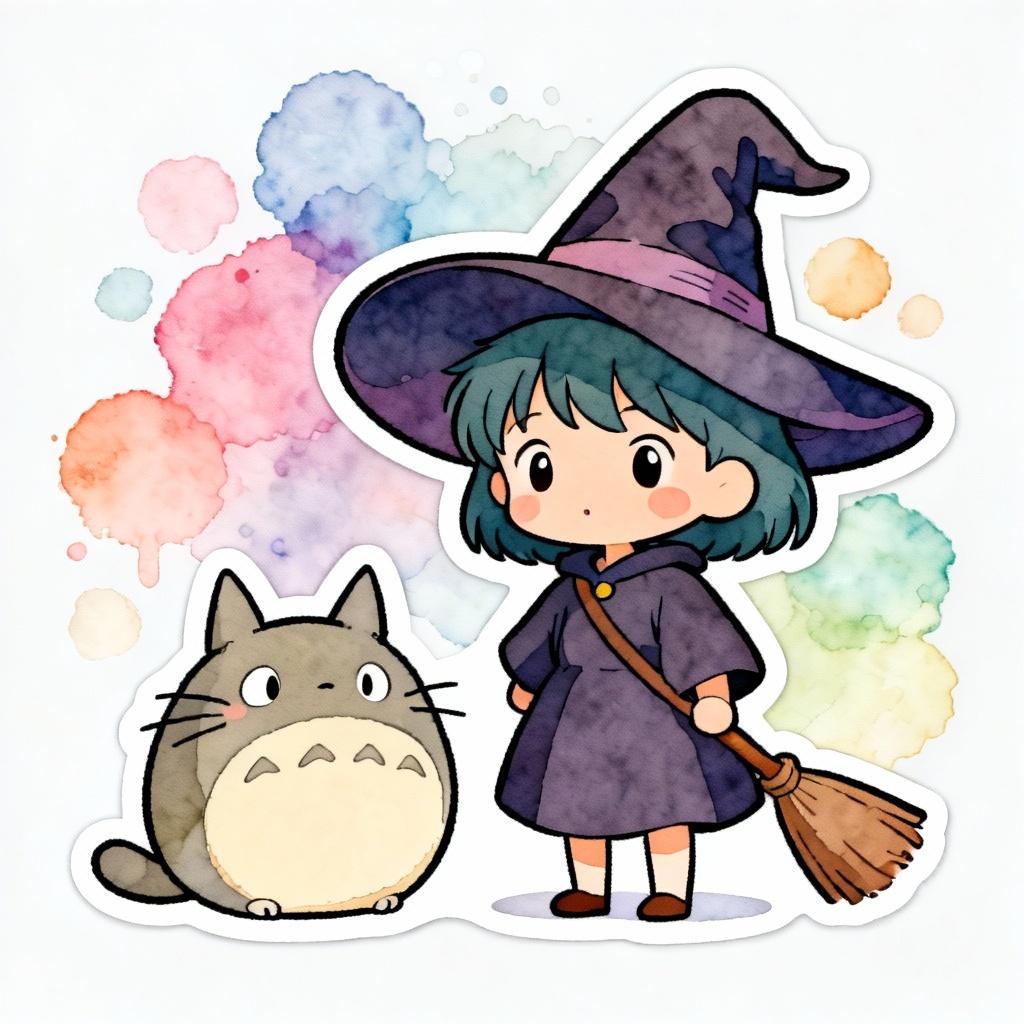 Chibi Ghibli-inspired witch with cat familiar in pastel colors