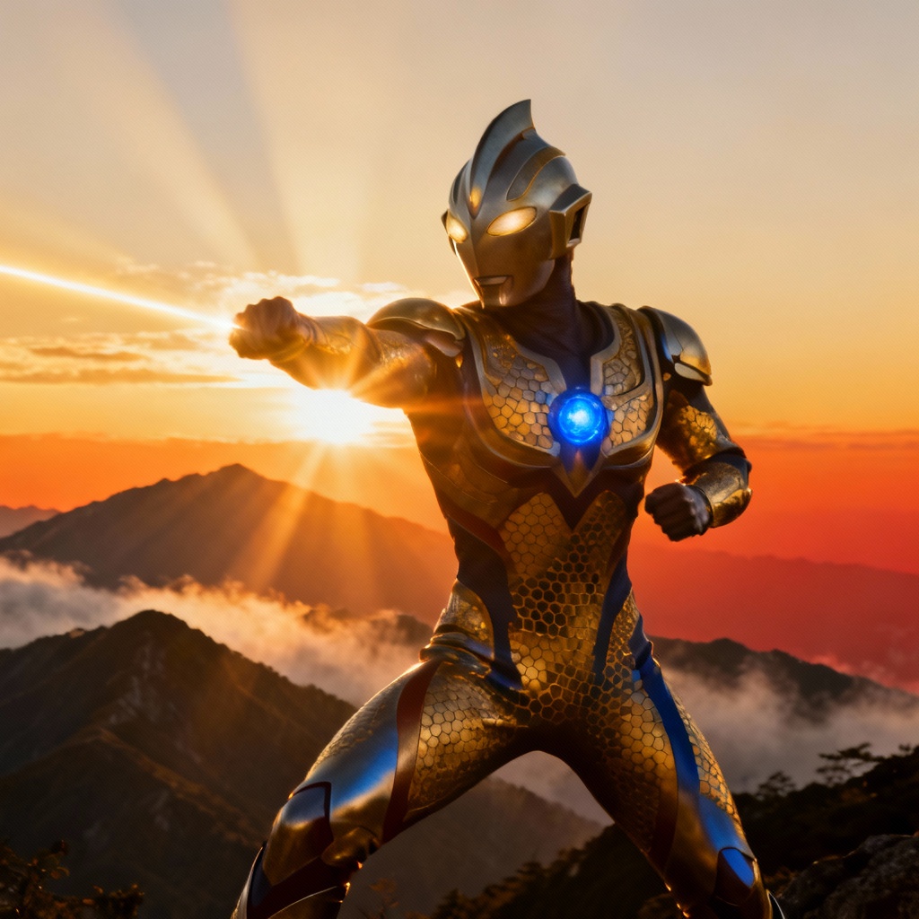 Ultraman beam pose at sunrise over mountains