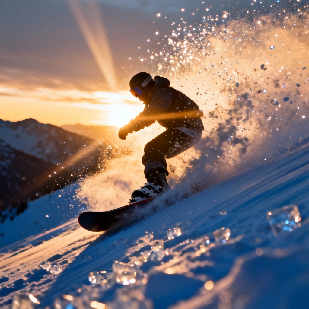 AI snowboarder powder slash at sunset