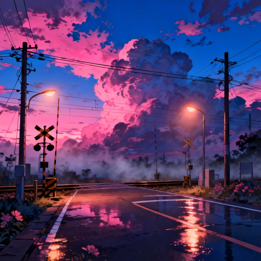 Anime railway crossing at twilight with glowing sky and streetlights
