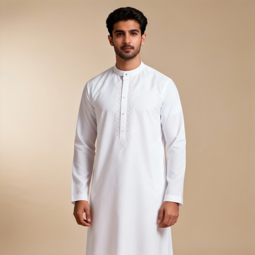 AI model wearing a classic white Gulf thawb in studio lighting