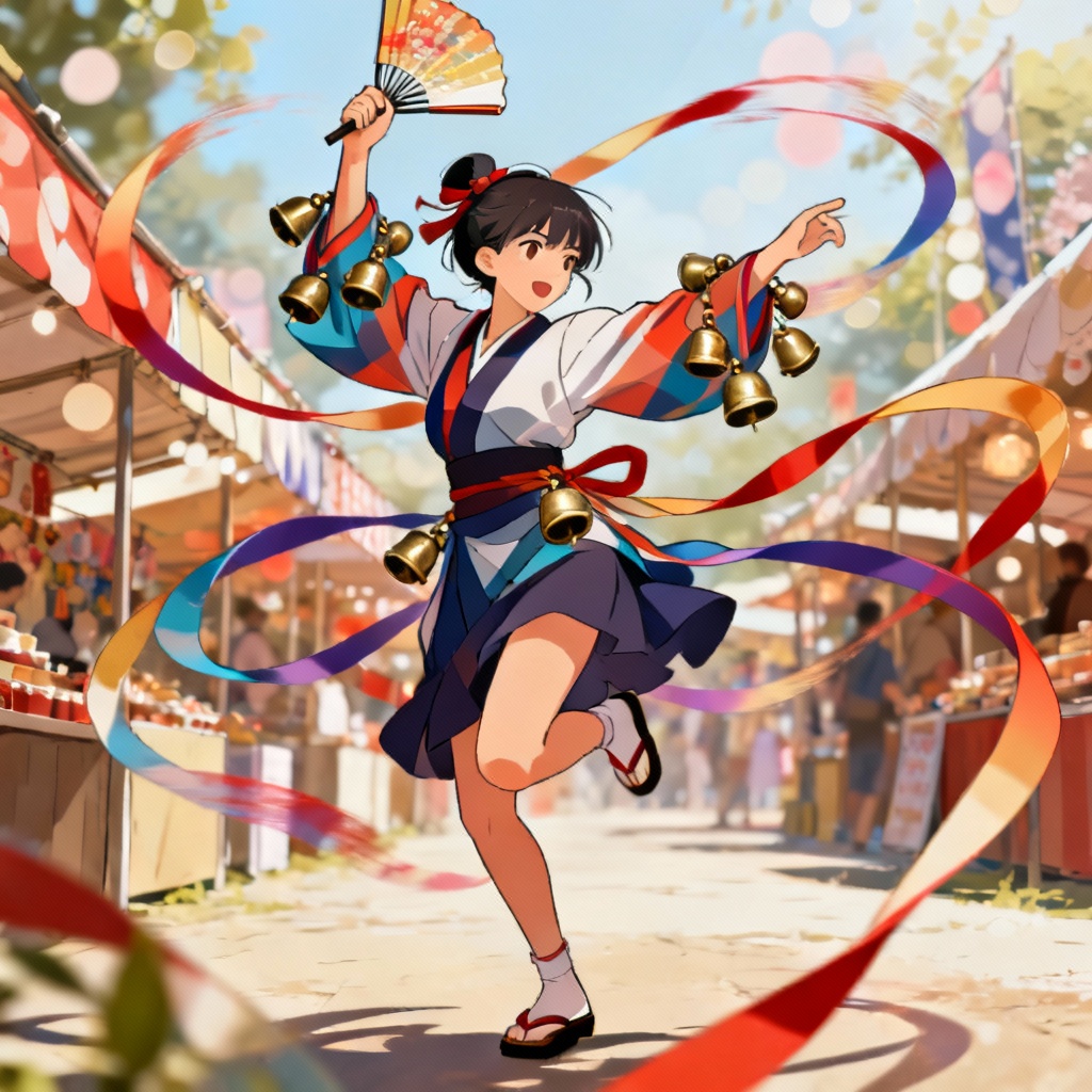 AI shrine maiden performing a festival dance with bells and fan