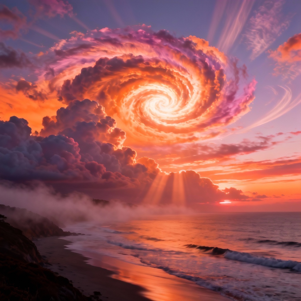 AI swirling clouds forming a luminous spiral over a sunset coastline
