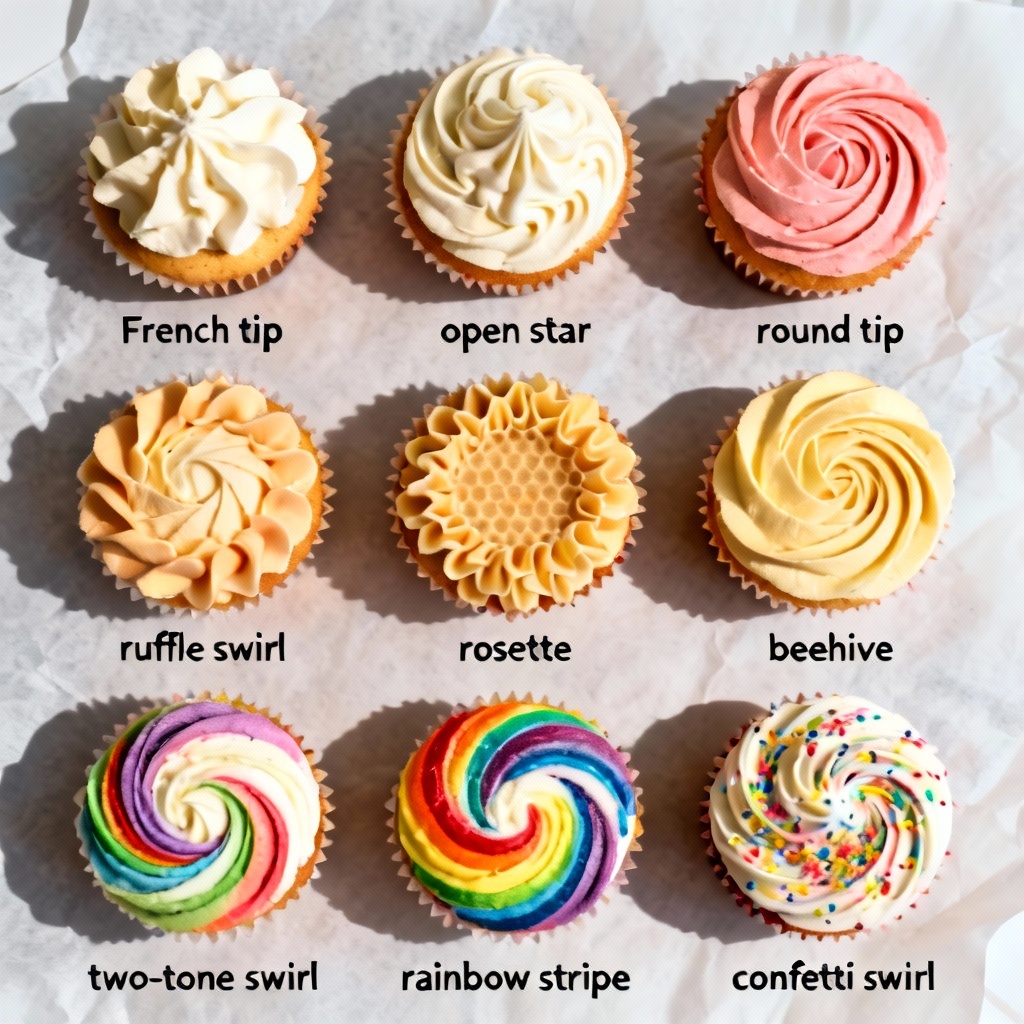 AI cupcake frosting swirl variations with piping tips