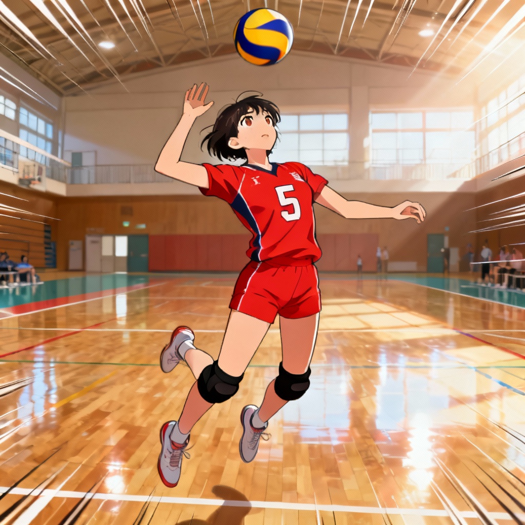 Anime AI volleyball setter jump set in a gym