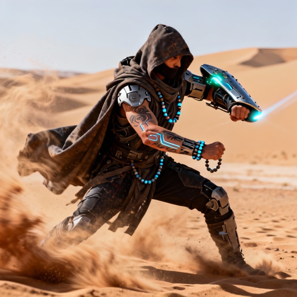 AI neo nomad duelist with mecha mantle and glowing tattoos