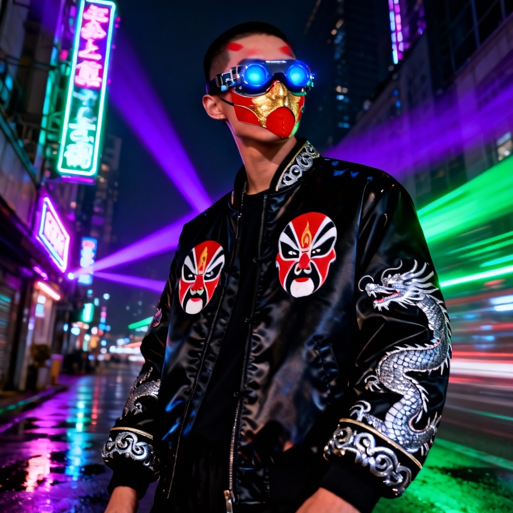 AI modern streetwear look fused with Peking Opera mask motifs