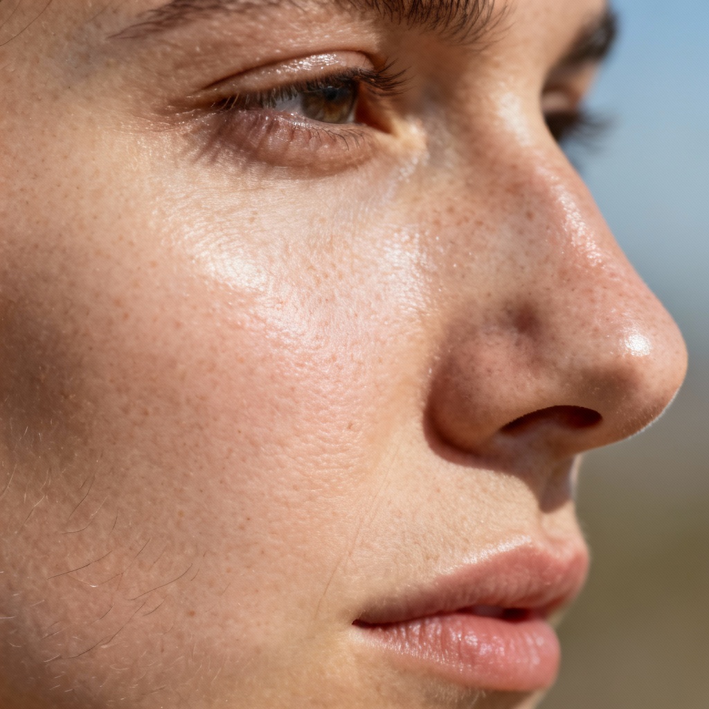 Macro beauty shot showing realistic pores and soft highlights