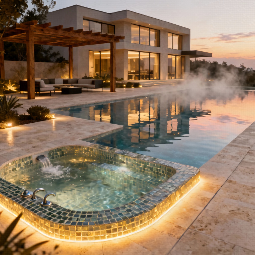 Photorealistic modern backyard infinity pool with spa and LED lights at dusk