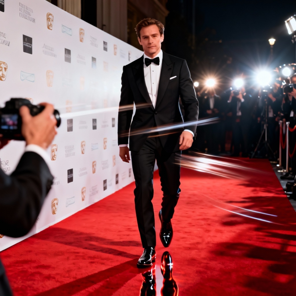 AI red carpet tuxedo entrance with flash photography