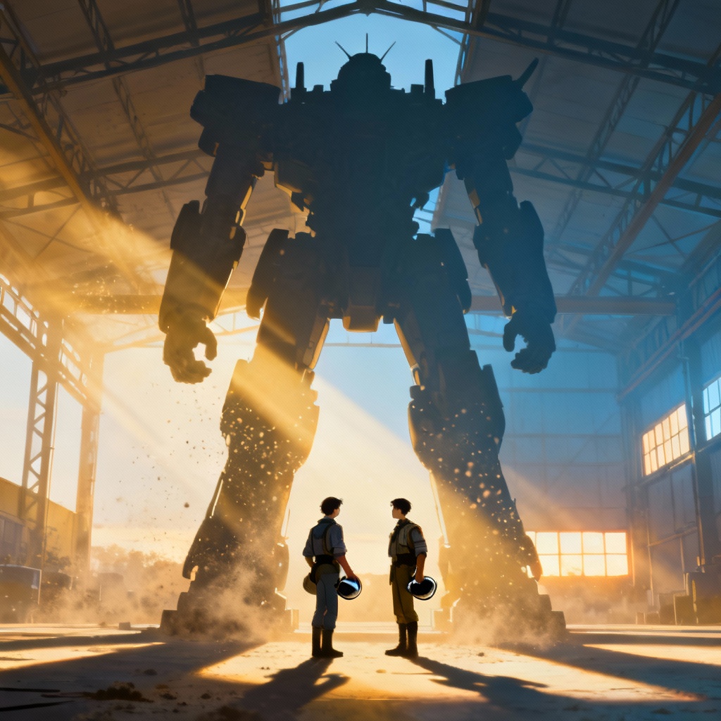 AI mecha fanfic storyboard frame in hangar